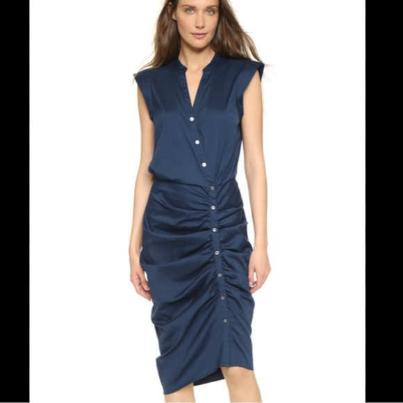 VERONICA BEARD Ruched Shirt Dress Elegant Navy Poplin Blue Button